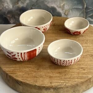 Unmarked Set of 4 Nesting Stackable Ceramic Bowls Hand Painted Red Floral